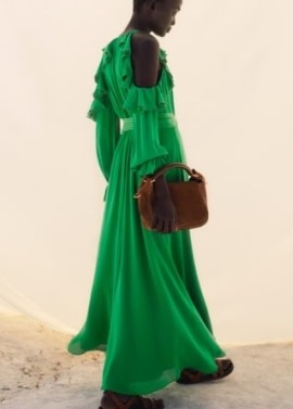 ME and EM Silk Exposed Shoulder Maxi Dress + Belt in Spring Green ~ ruffled cold shoulder dresses ~ romantic style clothing ~ silky fluid fashion - flipped