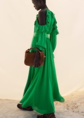 ME and EM Silk Exposed Shoulder Maxi Dress + Belt in Spring Green ~ ruffled cold shoulder dresses ~ romantic style clothing ~ silky fluid fashion