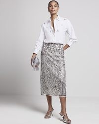 RIVER ISLAND Silver Sequin Pencil Midi Skirt ~ sequinned party fashion ~ women’s embellished skirts