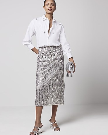 RIVER ISLAND Silver Sequin Pencil Midi Skirt ~ sequinned party fashion ~ women’s embellished skirts - flipped