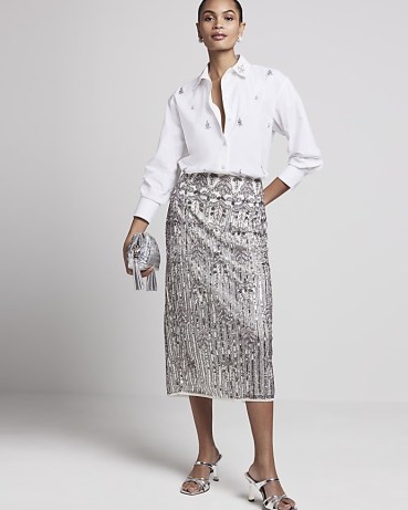 RIVER ISLAND Silver Sequin Pencil Midi Skirt ~ sequinned party fashion ~ women’s embellished skirts