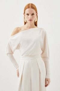 Karen Millen Slinky Viscose Asymmetric Knit Top in Cream – long sleeve one shoulder tops
