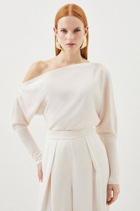 Karen Millen Slinky Viscose Asymmetric Knit Top in Cream – long sleeve one shoulder tops