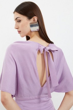 Karen Millen Slinky Viscose Blend Knit Angel Sleeve Tie Detail Top in Lilac – open back tops – cut out fashion - flipped