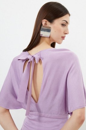 Karen Millen Slinky Viscose Blend Knit Angel Sleeve Tie Detail Top in Lilac – open back tops – cut out fashion