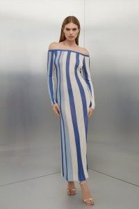Karen Millen Slinky Viscose Slash Neck Striped Knit Midaxi Dress in Blue – long sleeve off the shoulder dresses