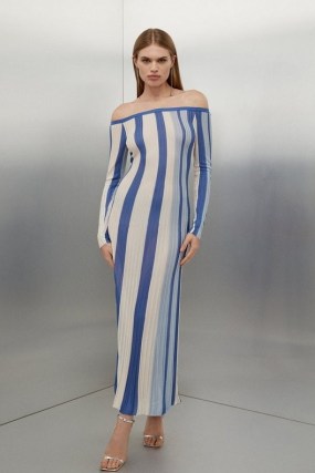 Karen Millen Slinky Viscose Slash Neck Striped Knit Midaxi Dress in Blue – long sleeve off the shoulder dresses - flipped