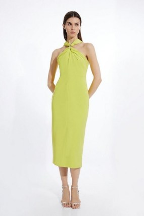Karen Millen Soft Tailored Drape Halter Neck Midi Pencil Dress in Lime | green halterneck party dresses - flipped