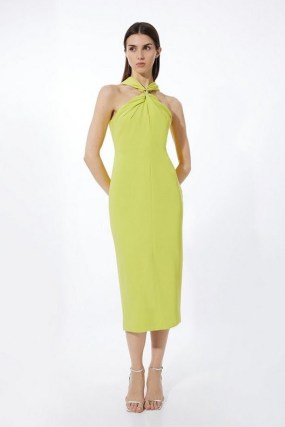 Karen Millen Soft Tailored Drape Halter Neck Midi Pencil Dress in Lime | green halterneck party dresses