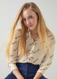 L.K. BENNETT Sonya Monkey Print Viscose-Silk Blend Blouse – blouses with animal prints – women’s silky 70s style shirts