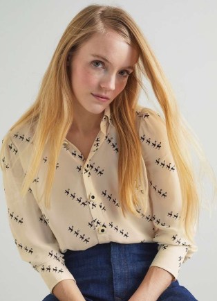 L.K. BENNETT Sonya Monkey Print Viscose-Silk Blend Blouse – blouses with animal prints – women’s silky 70s style shirts - flipped