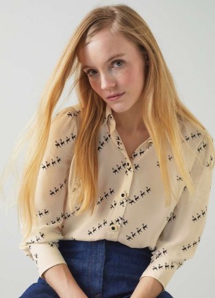 L.K. BENNETT Sonya Monkey Print Viscose-Silk Blend Blouse – blouses with animal prints – women’s silky 70s style shirts