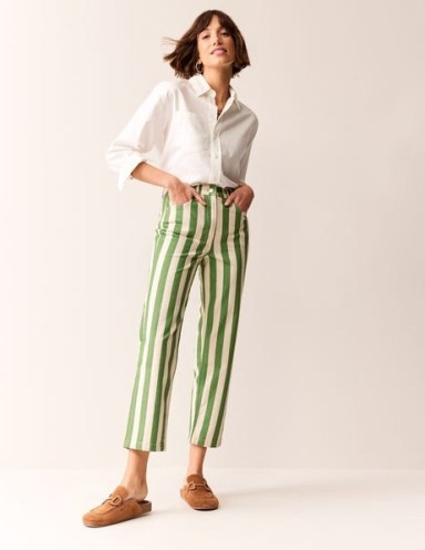 Boden Striped Straight Jeans in Green & Ivory Stripe – women’s cropped striped jean - flipped