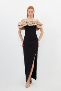 KAREN MILLEN Structured Crepe Taffeta Ruffle Bardot Maxi Dress – black ruffled off the shoulder occasion dresses – evening event fashion