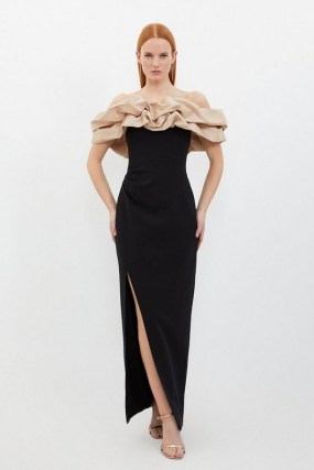 KAREN MILLEN Structured Crepe Taffeta Ruffle Bardot Maxi Dress – black ruffled off the shoulder occasion dresses – evening event fashion - flipped
