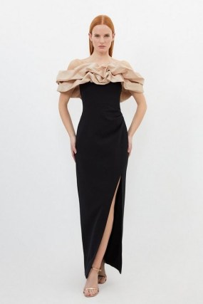 KAREN MILLEN Structured Crepe Taffeta Ruffle Bardot Maxi Dress – black ruffled off the shoulder occasion dresses – evening event fashion