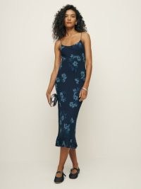 Reformation Suki Dress in Lorenza – blue floral spaghetti strap midi slip dresses