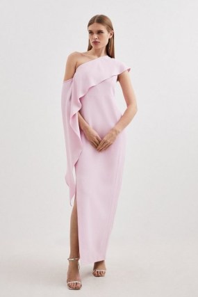 KAREN MILLEN Tailored Compact Stretch Viscose Drape Detail Maxi Dress in Pale Pink ~ side draped one shoulder dresses - flipped