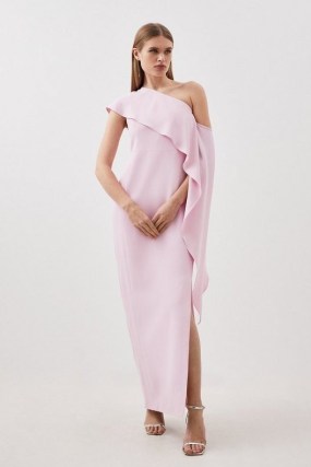 KAREN MILLEN Tailored Compact Stretch Viscose Drape Detail Maxi Dress in Pale Pink ~ side draped one shoulder dresses