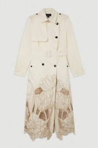 Karen Millen Tailored Cutwork Embroidered Belted Trench Coat ~ semi sheer floral detail longline coats
