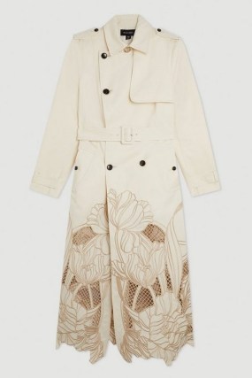 Karen Millen Tailored Cutwork Embroidered Belted Trench Coat | semi sheer floral detail longline coats - flipped