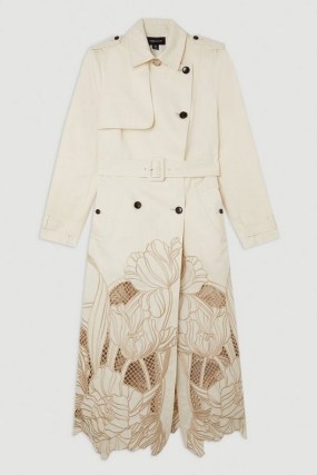 Karen Millen Tailored Cutwork Embroidered Belted Trench Coat | semi sheer floral detail longline coats