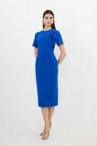 KAREN MILLEN Tailored Structured Crepe Ruffle Detail Pencil Midi Dress in Cobalt ~ blue fitted short sleeve occasion dresses