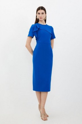 KAREN MILLEN Tailored Structured Crepe Ruffle Detail Pencil Midi Dress in Cobalt ~ blue fitted short sleeve occasion dresses - flipped