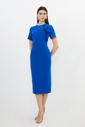 KAREN MILLEN Tailored Structured Crepe Ruffle Detail Pencil Midi Dress in Cobalt ~ blue fitted short sleeve occasion dresses