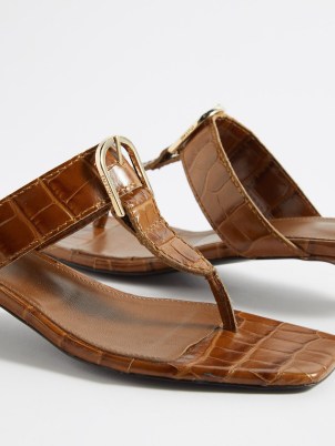 Toteme Buckled crocodile-effect leather sandals in tan ~ chic brown croc embossed kitten heel sandal - flipped