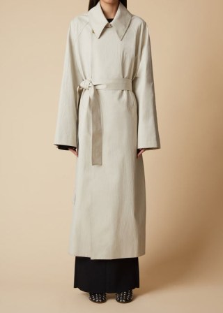KHAITE THE MINNIE COAT in Nimbus ~ chic oversized longline coats ~ belted tie waist ~ pointed collar ~ luxe contemporary outerwear - flipped
