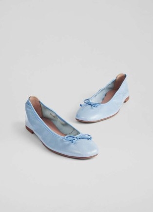 L.K. BENNETT Trilly Blue Crinkled Patent Ballet Pumps – chic ballerinas – leather bow detail glats - flipped