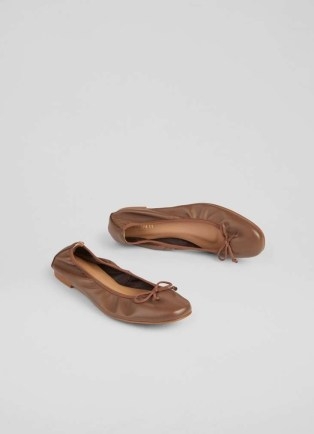 L.K. BENNETT Trilly Chocolate Leather Ballet Pumps ~ brown ruched ballerina flats ~ bow ballerinas ~ casual flat shoes - flipped