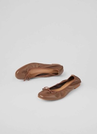 L.K. BENNETT Trilly Chocolate Leather Ballet Pumps ~ brown ruched ballerina flats ~ bow ballerinas ~ casual flat shoes