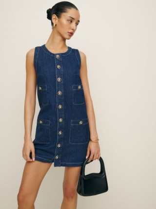 Reformation Tropez Denim Mini Dress in Salinas / short length dark blue sleeveless front button up dresses / relaxed fit / sustainable fashion - flipped