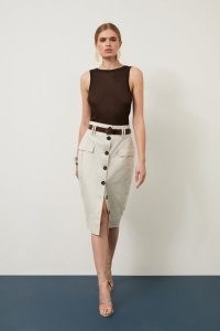 Karen Millen Twill Canvas Cargo Pocket Button Front Belted Midi Skirt | women’s utility pencil skirts