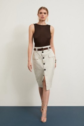 Karen Millen Twill Canvas Cargo Pocket Button Front Belted Midi Skirt | women’s utility pencil skirts - flipped