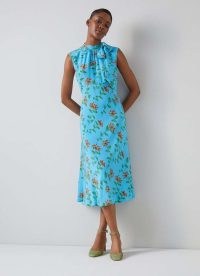 L.K. BENNETT Vali Blue Valerian Floral Print Tie Neck Silk Dress / silky sleeveless summer occasion dresses