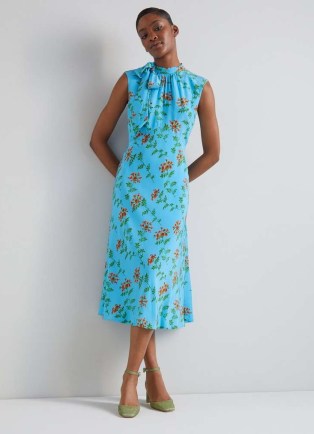 L.K. BENNETT Vali Blue Valerian Floral Print Tie Neck Silk Dress / silky sleeveless summer occasion dresses - flipped