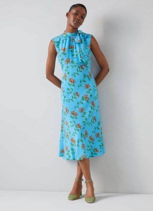 L.K. BENNETT Vali Blue Valerian Floral Print Tie Neck Silk Dress / silky sleeveless summer occasion dresses