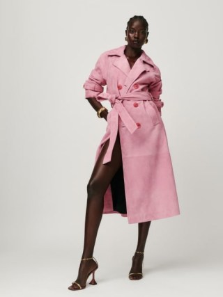 Reformation Veda Ashland Leather Trench in Rose Petals Suede ~ women’s luxury pink coats ~ luxe fashion - flipped
