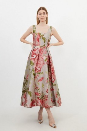 KAREN MILLEN Vintage Floral Print Prom Woven Maxi Dress / women’s sleeveless fit and flare party dresses