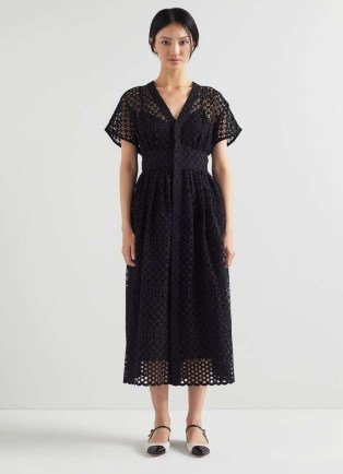 L.K. BENNETT Vivienne Black Broderie Anglaise Cotton Dress ~ semi sheer cut out dresses ~ women’s luxury summer clothing 2024 - flipped