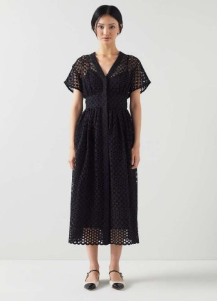 L.K. BENNETT Vivienne Black Broderie Anglaise Cotton Dress ~ semi sheer cut out dresses ~ women’s luxury summer clothing 2024