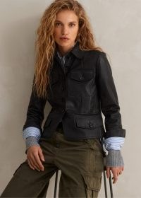 ME and EM Washed Leather Fitted Utility Jacket in Black ~ women’s luxe collared jackets ~ luxury utilitarian style fashion