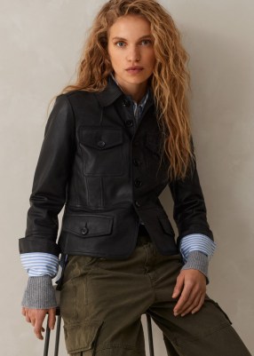 ME and EM Washed Leather Fitted Utility Jacket in Black ~ women’s luxe collared jackets ~ luxury utilitarian style fashion - flipped