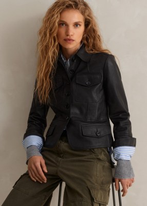 ME and EM Washed Leather Fitted Utility Jacket in Black ~ women’s luxe collared jackets ~ luxury utilitarian style fashion