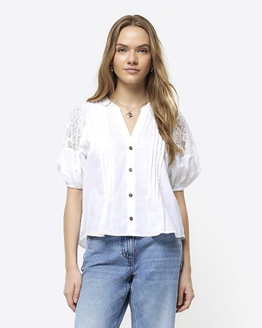 RIVER ISLAND White Lace Panel Puff Sleeve Blouse ~ semi sheer blouses - flipped
