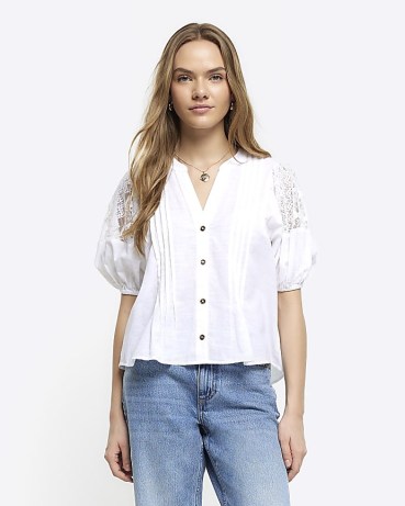 RIVER ISLAND White Lace Panel Puff Sleeve Blouse ~ semi sheer blouses