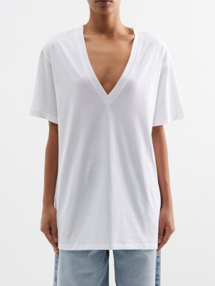 Raey Recycled-yarn deep V-neck T-shirt in white~ women’s sustainable relaxed fit tee ~ women’s recycled cotton and polyester t-shirts - flipped